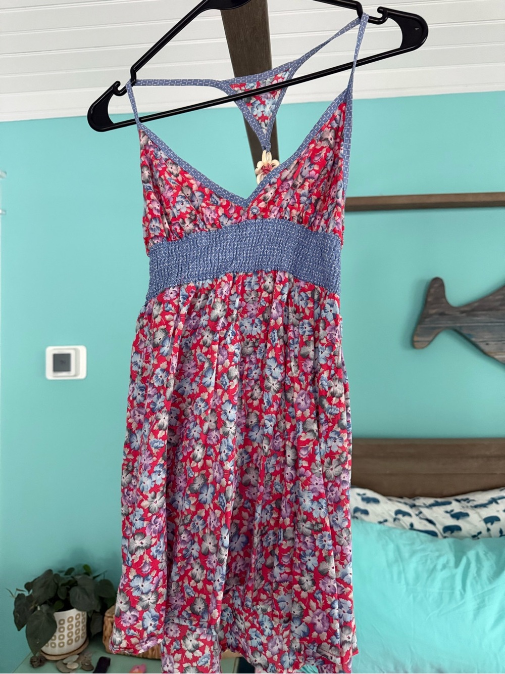 Free People Red and Blue Floral Smocked Waist slip top with shell accents